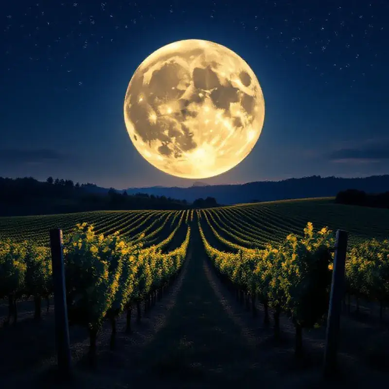 A full moon rising over dark vineyard silhouettes at night
