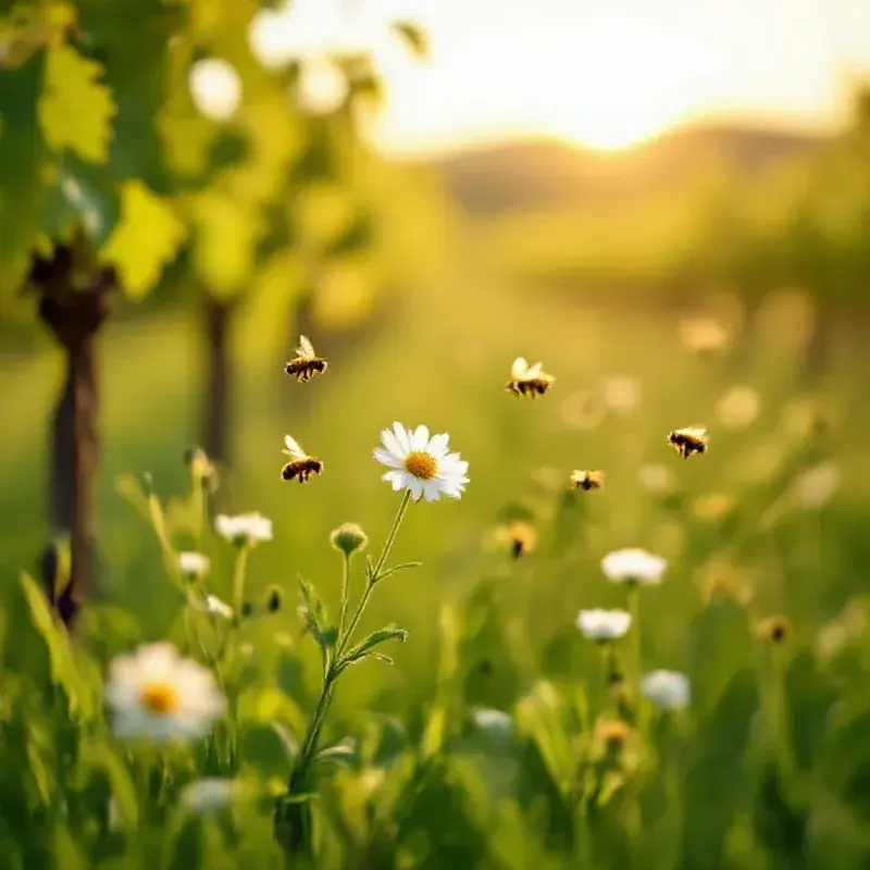 A lush green meadow with wildflowers and buzzing bees near