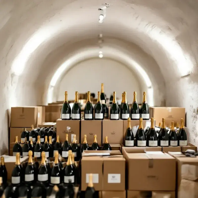 Champagne bottles stacked in a contemporary cellar with innovative sustainable