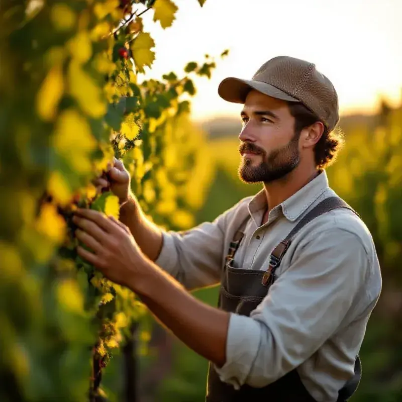 Portrait of a young winemaker outdoors between vine rows at