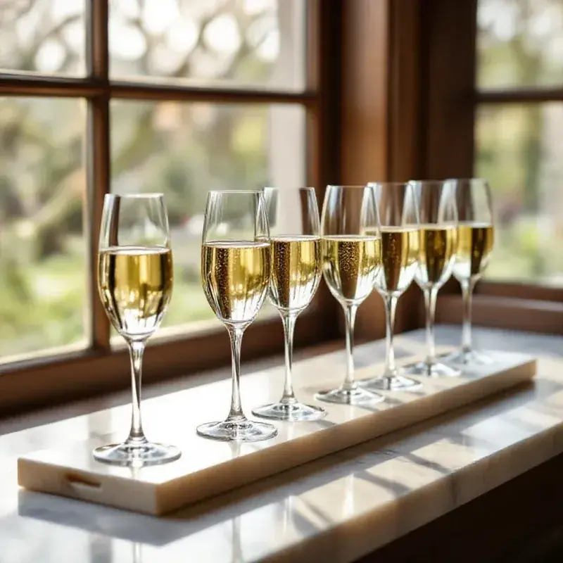 Side-by-side champagne tasting session with multiple glasses lined up on
