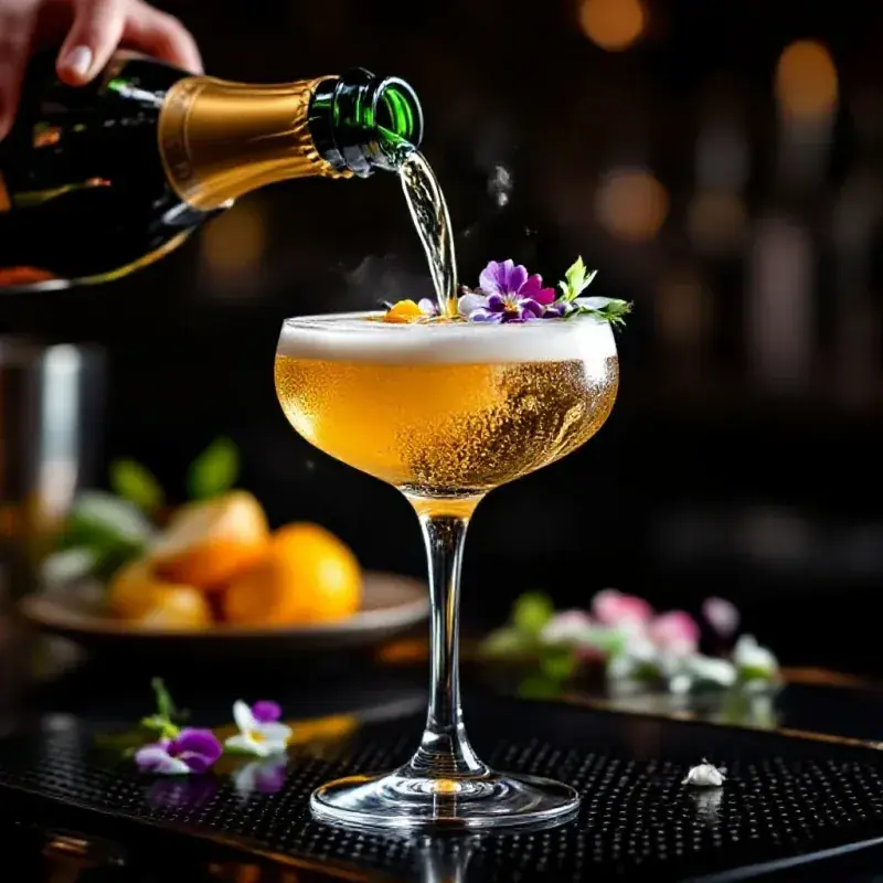 Close-up of champagne being mixed into an artistic cocktail in