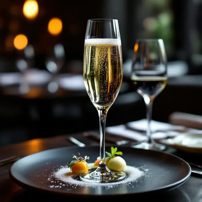 Modern gastronomic pairing of champagne with avant-garde plated dish