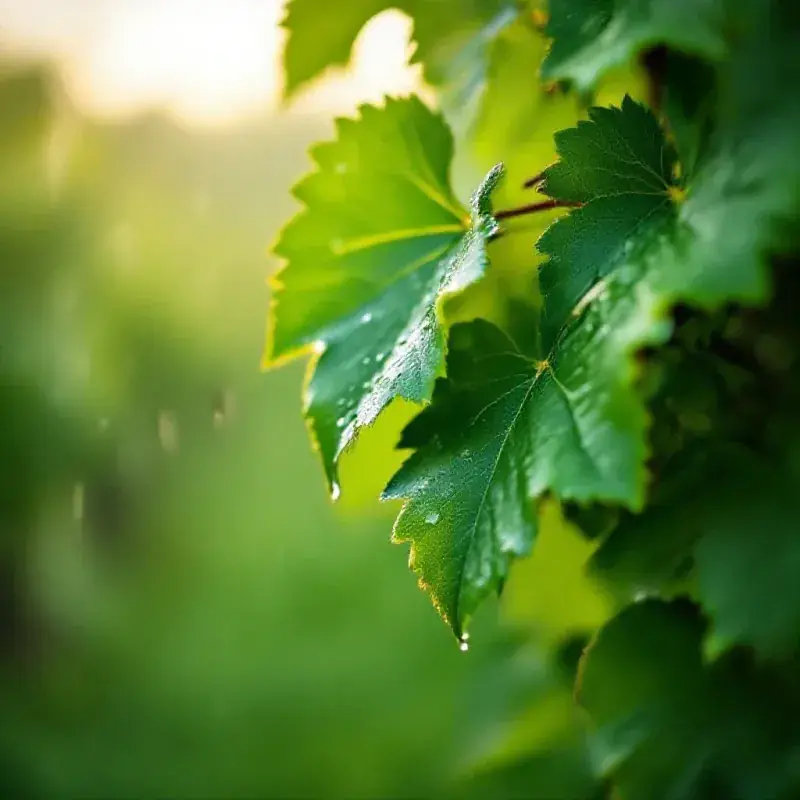 Rain falling gently on green vineyard leaves