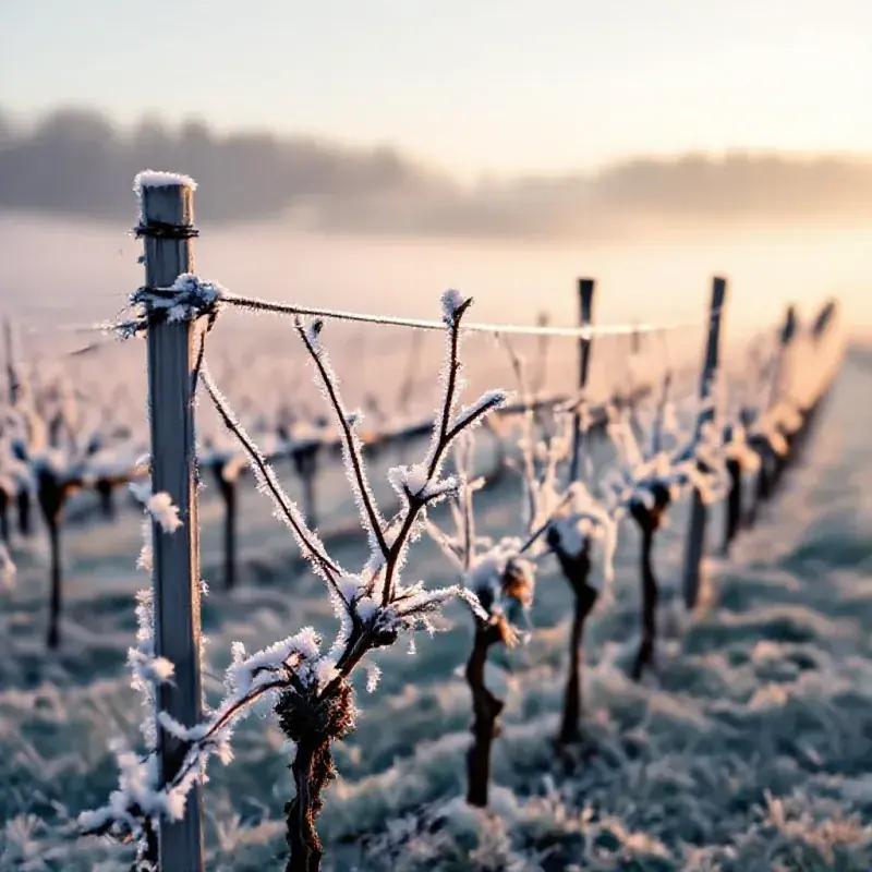Frost-covered champagne vineyard at dawn