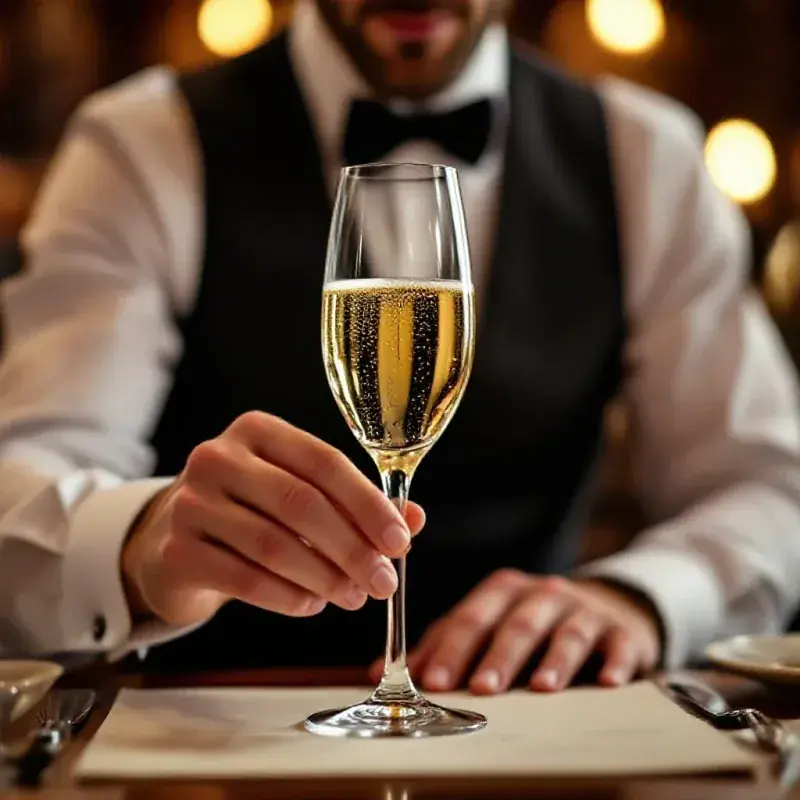 A sommelier’s hands gently swirling a champagne glass at eye