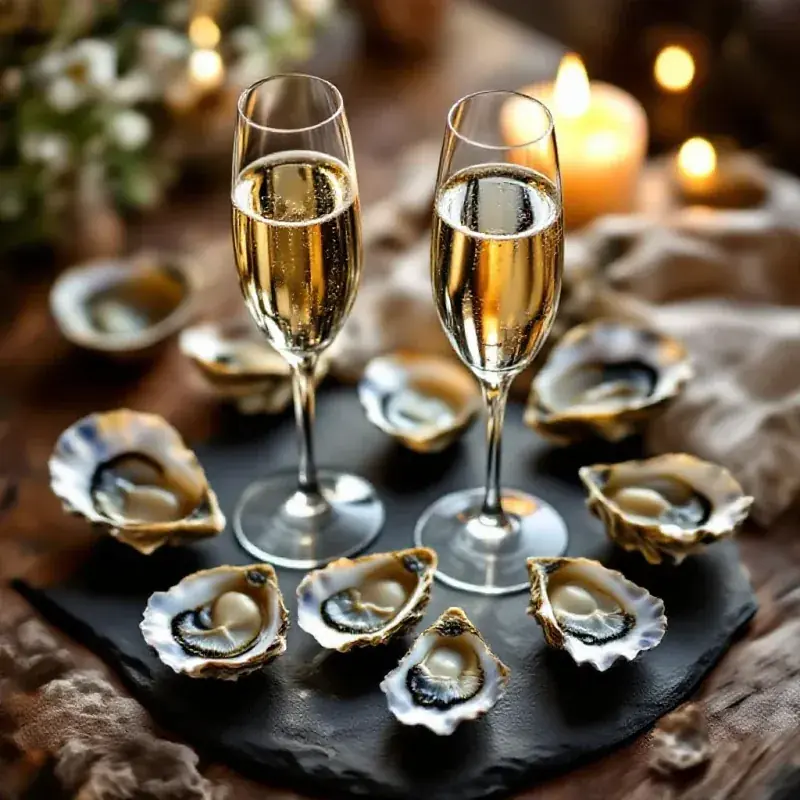 A pair of champagne flutes and scattered oyster shells on