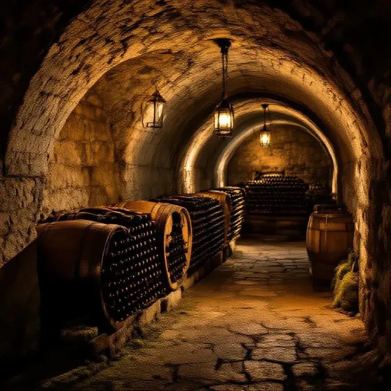 An ancient stone wine cellar with thick vaulted walls