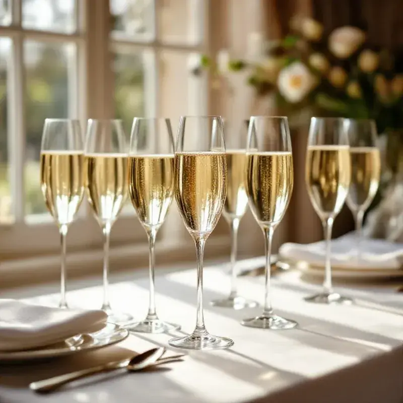 A sophisticated tasting table set with multiple champagne flutes of
