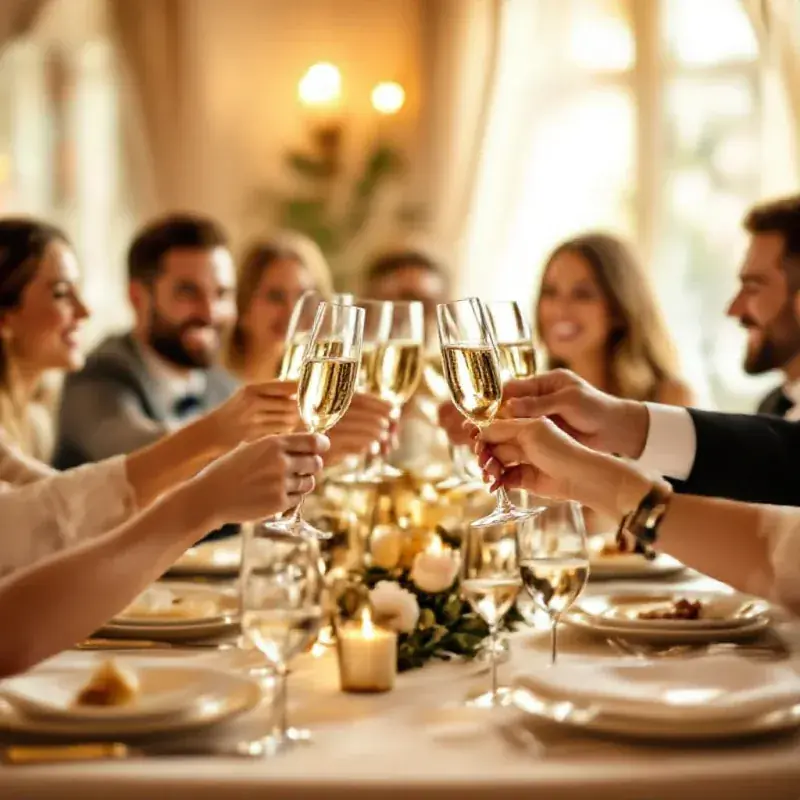 A joyful inclusive celebratory moment with multiple champagne flutes being