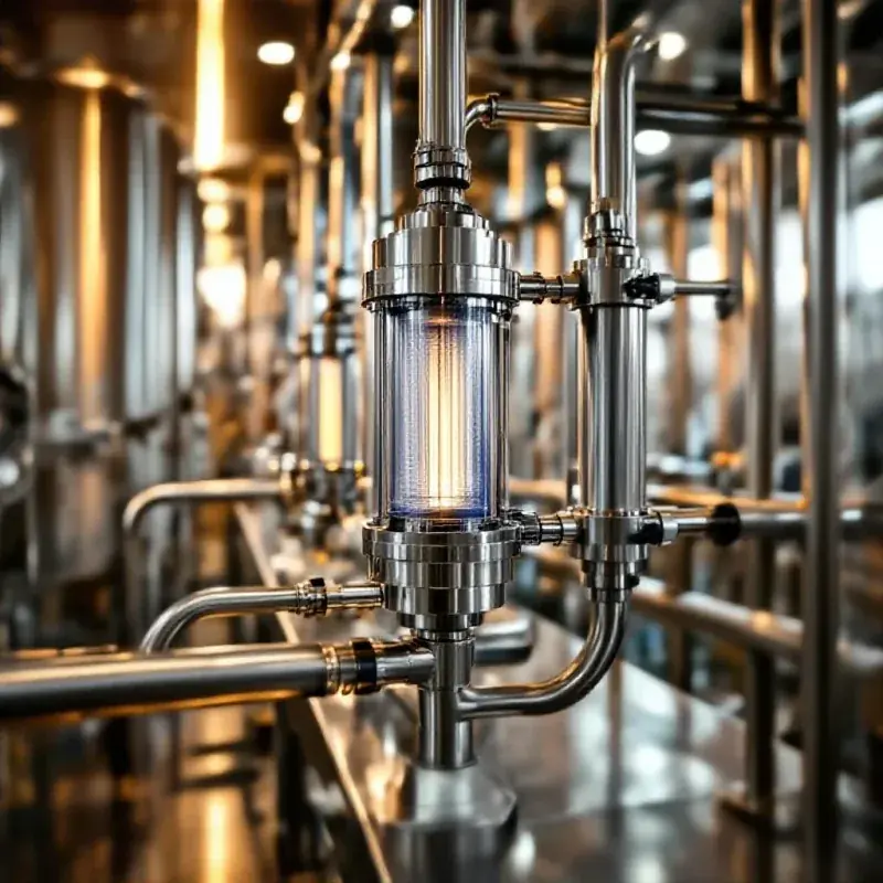 A high-tech wine filtration system with polished stainless steel pipes