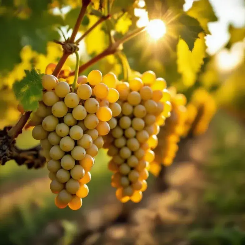 Close-up of ripe Chardonnay grapes clusters on the vine with