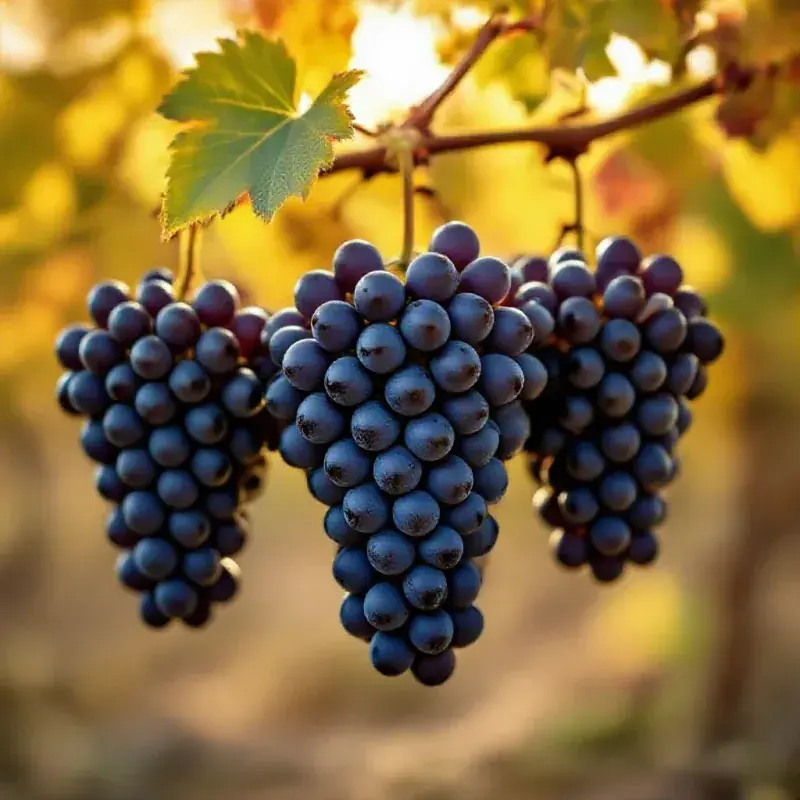 A cluster of dark Pinot Noir grapes hanging on the