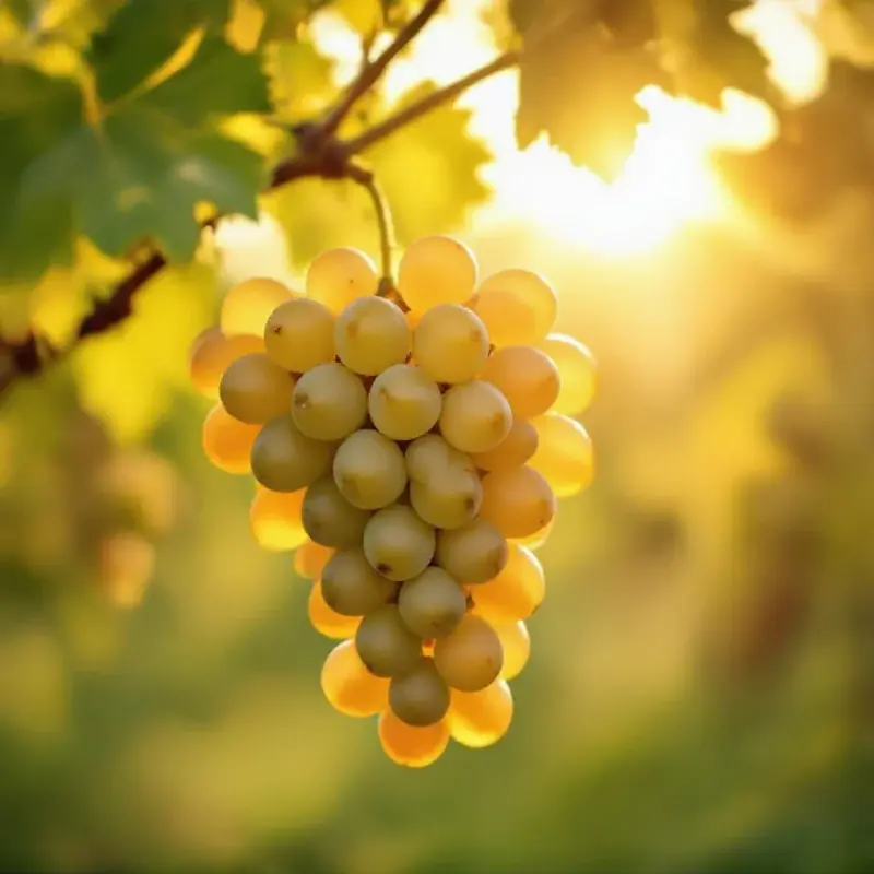 A bunch of plump Muscat blanc grapes with translucent golden-green