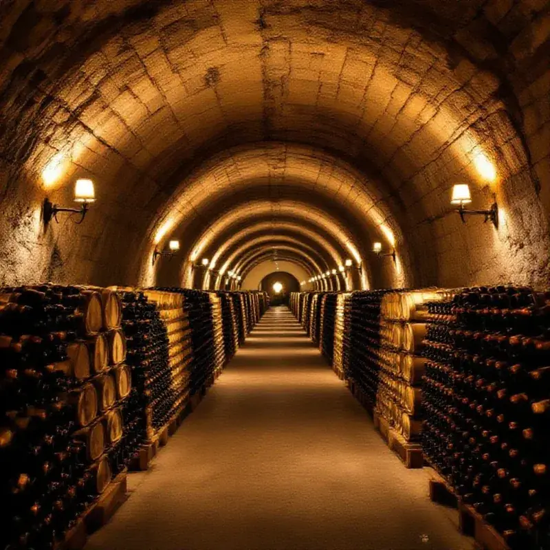 A long underground champagne cave with stone-arched vaulted ceiling