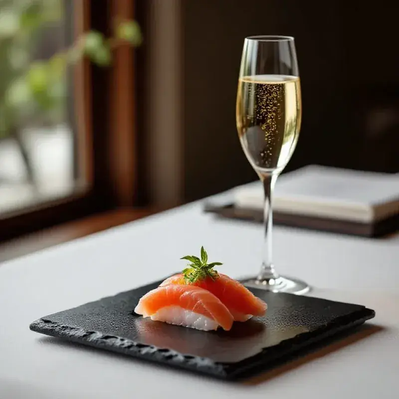 Delicate sashimi slices of sea bream on a dark slate