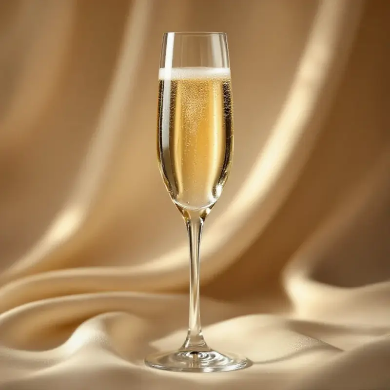 A champagne flute filled with a crystalline pale gold brut