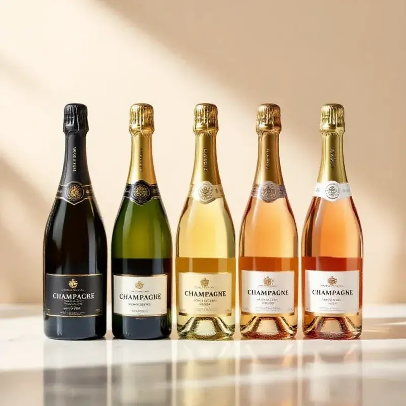 A collection of five champagne bottles arranged by style