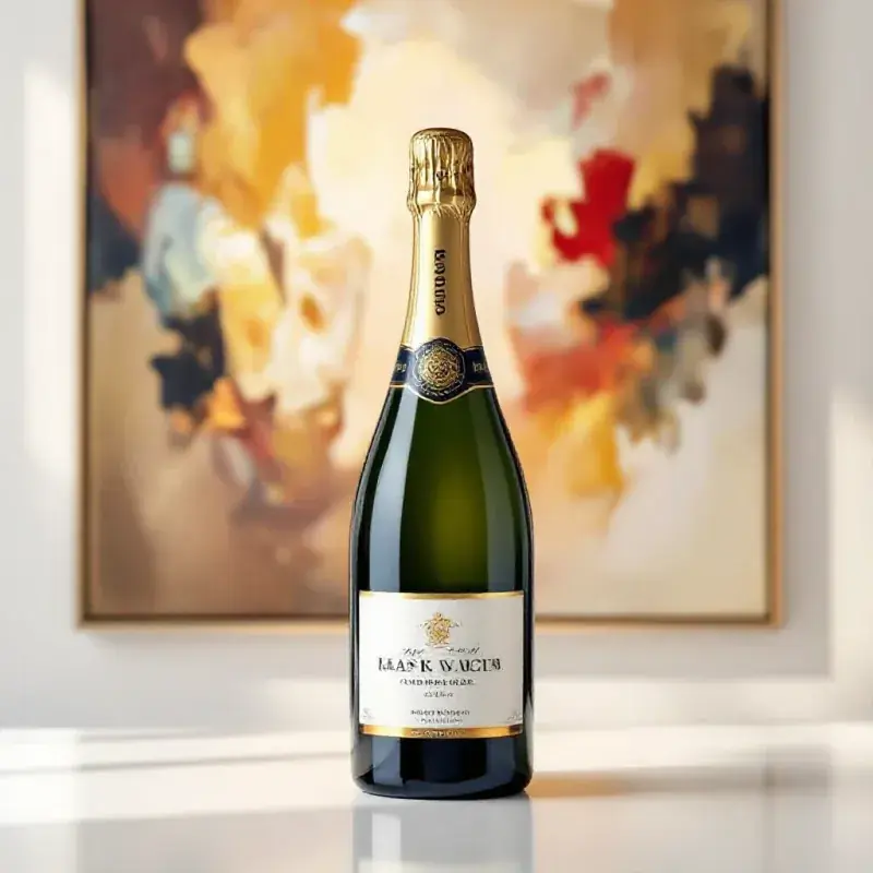 An artistic champagne bottle standing before an abstract expressionist painting