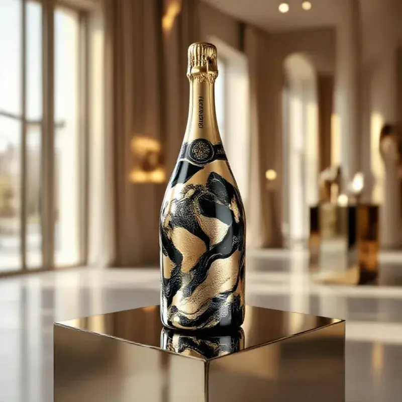 A limited edition champagne bottle with an abstract metallic artistic
