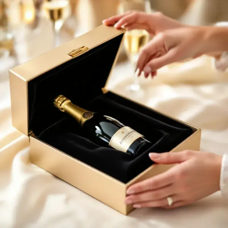Close-up detail of a luxury champagne gift box being opened
