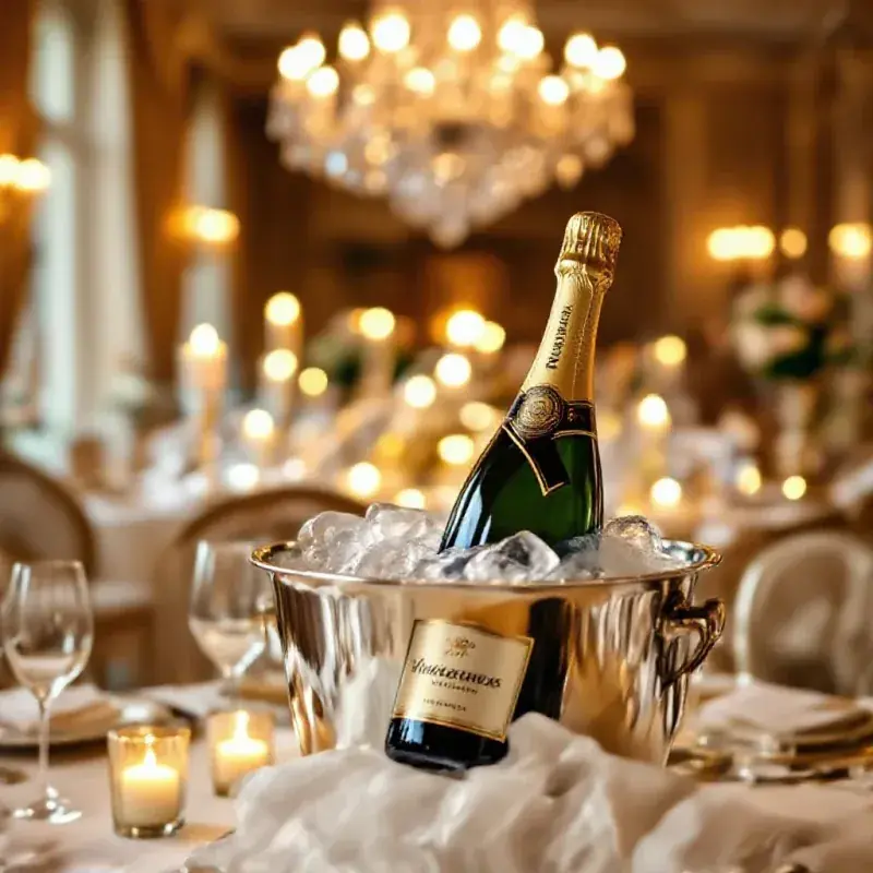 A tall prestige champagne bottle in an ice bucket at