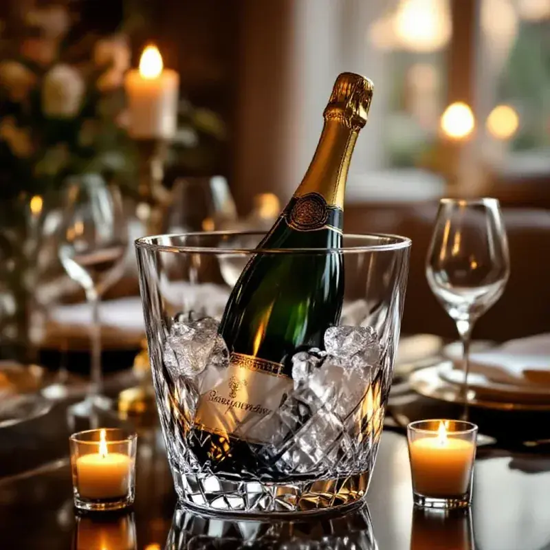 An elegant champagne bottle in a crystal-clear ice bucket at
