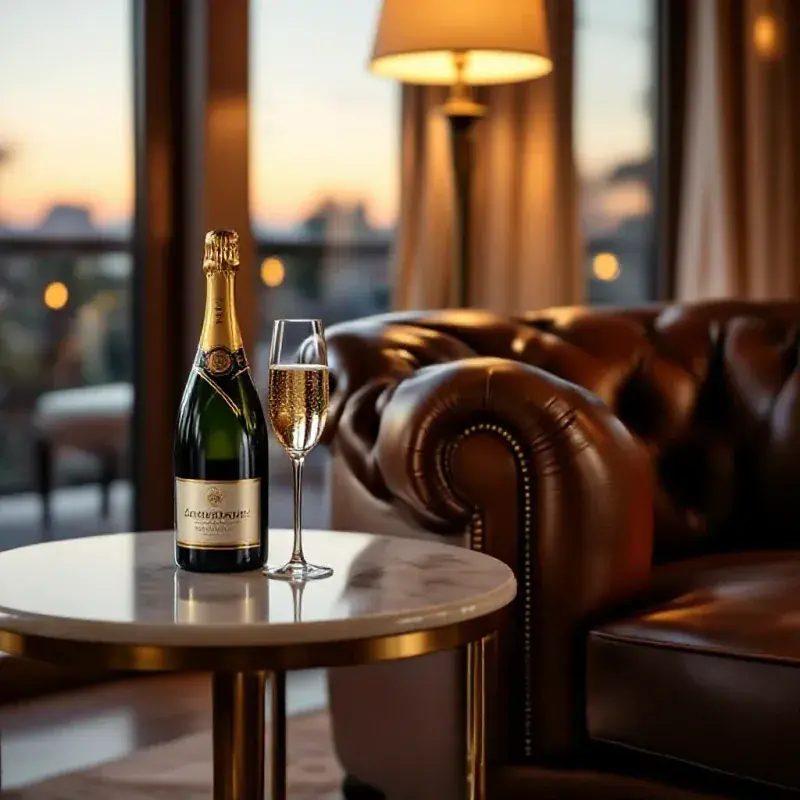 A luxurious interior with a champagne bottle on a marble