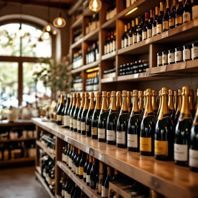 The interior of a specialist wine shop with wooden shelving