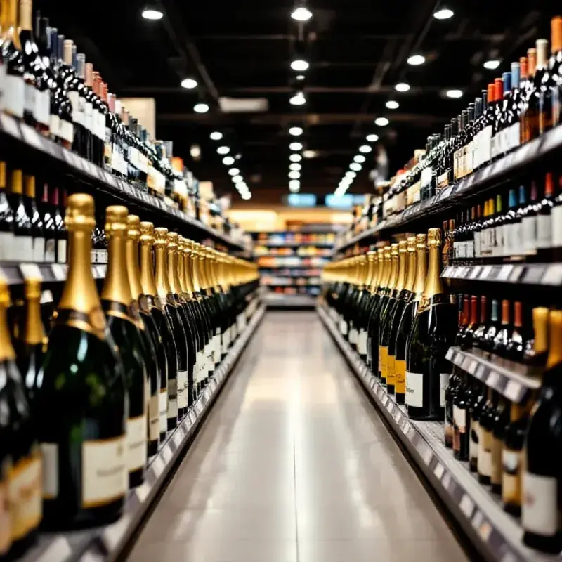 A wide supermarket wine aisle with rows of champagne bottles