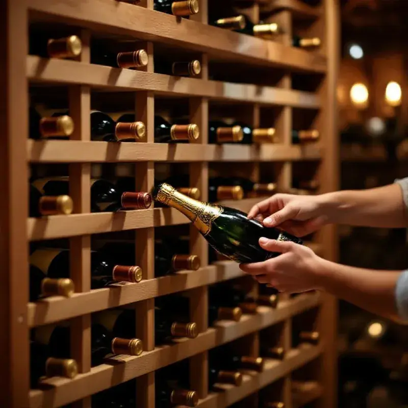 A private wine cellar stocked with champagne bottles in a