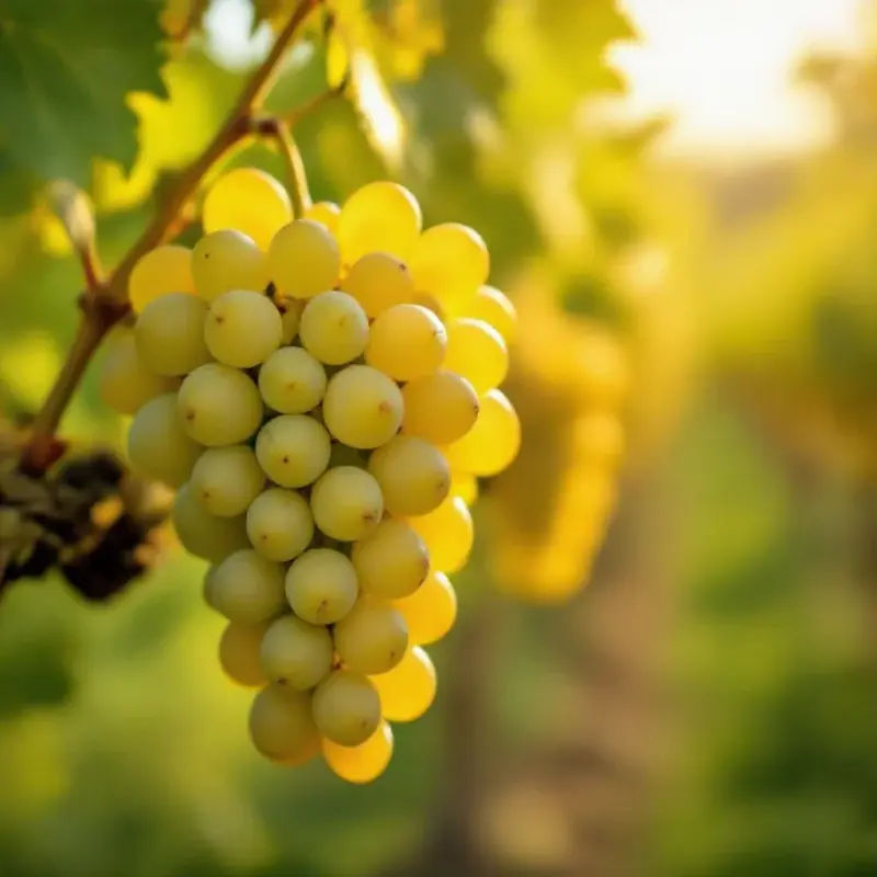 A close-up cluster of Chardonnay grapes on a vine
