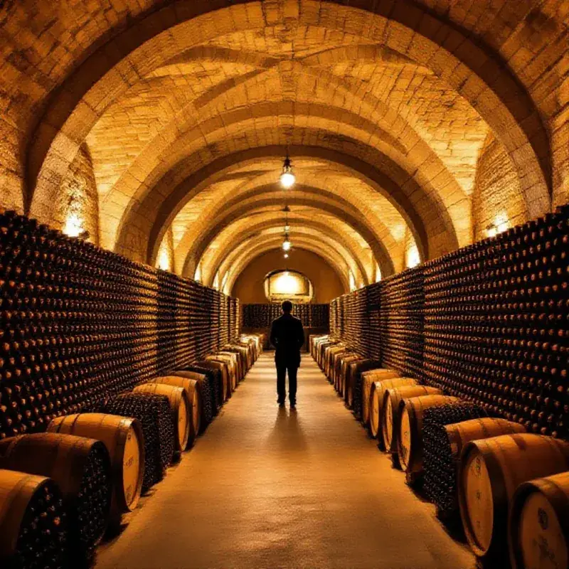 Dramatic champagne cellar vault with stone arched ceiling