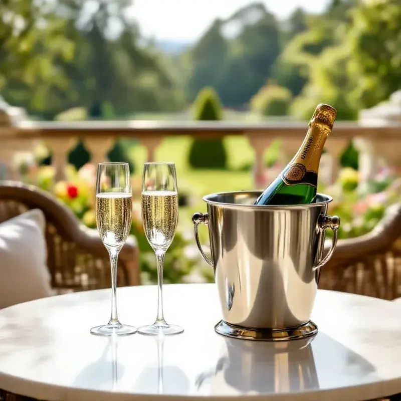 Champagne lifestyle moment at a luxury hotel terrace