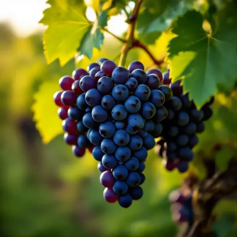 Close-up of ripe champagne grape clusters on the vine