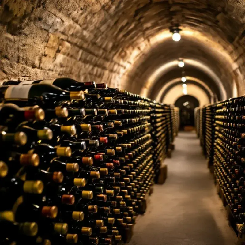 Champagne cellar wall with bottles stored in riddling racks
