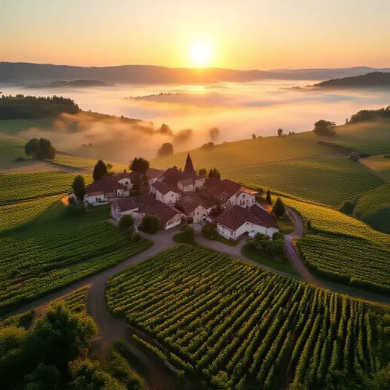 Aerial view of Champagne vineyard and small village below
