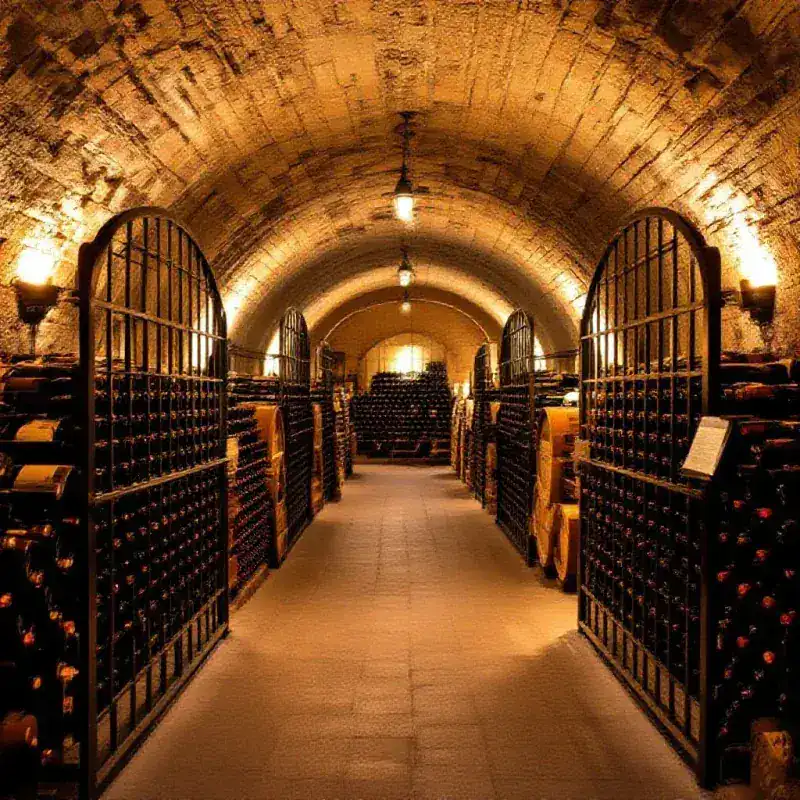 Wide arched champagne cave with rows of bottles behind iron