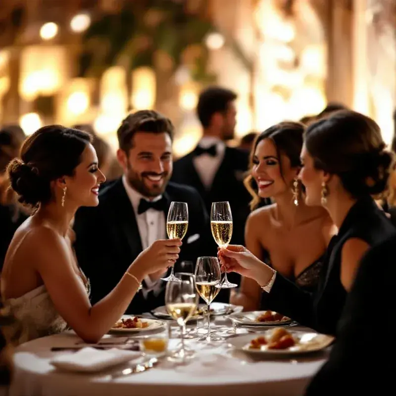 Lively champagne and gastronomy event with guests in elegant attire
