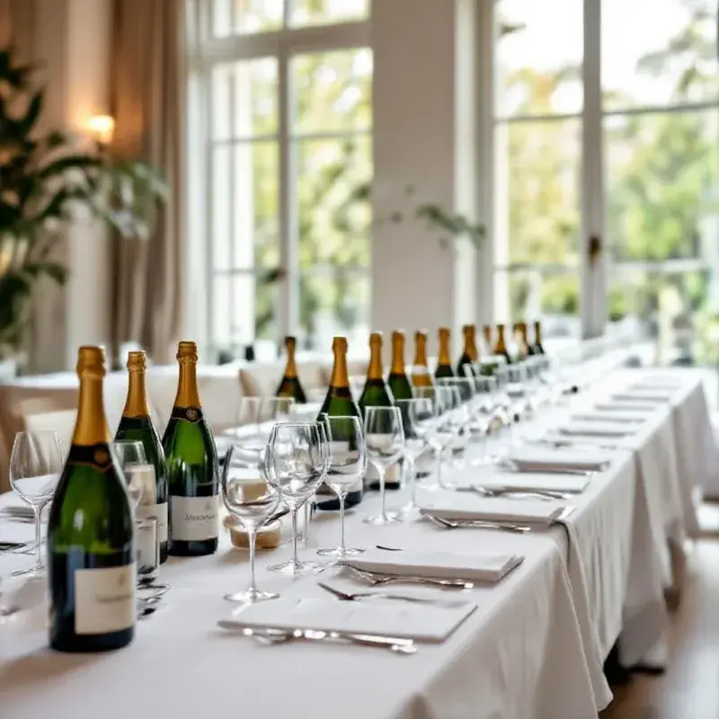Champagne tasting salon setup with long tables