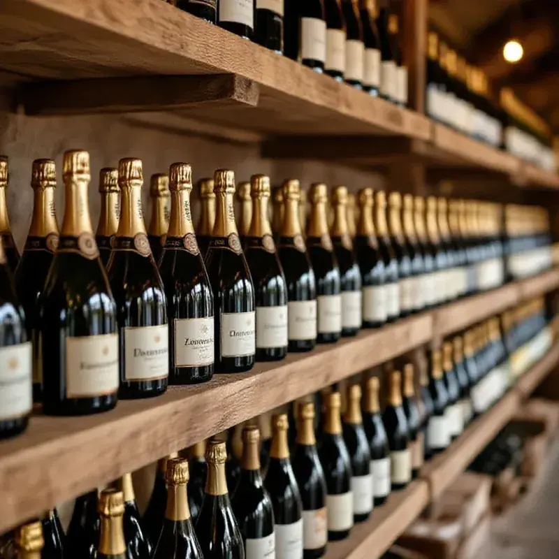 Rows of biodynamic and organic champagne bottles arranged on a