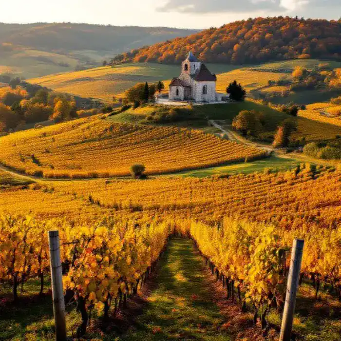 Champagne vineyard landscape in autumn with orange and gold foliage