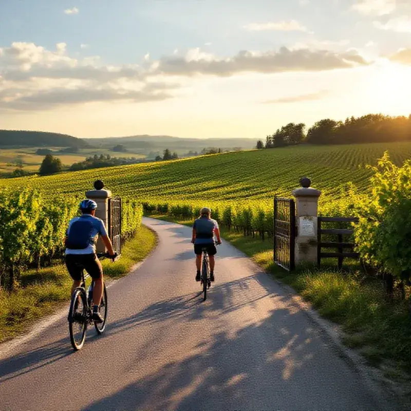 Cyclist riding along a vineyard road with champagne estate entrance