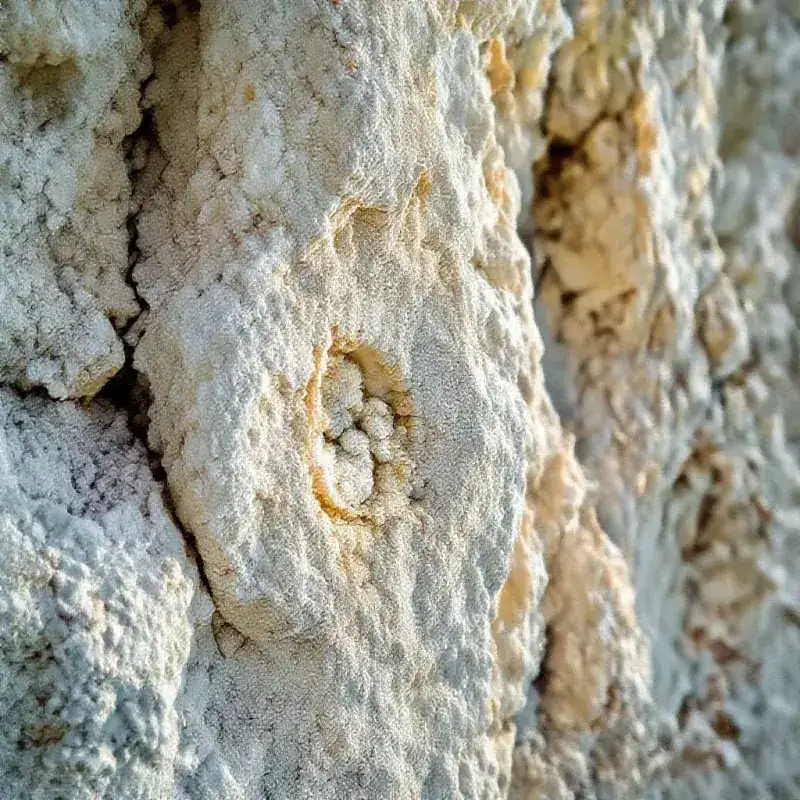 Close-up of white chalk cliff face with small fossils embedded