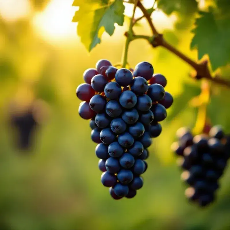 Cluster of Pinot Noir grapes (dark purple-black) hanging on a