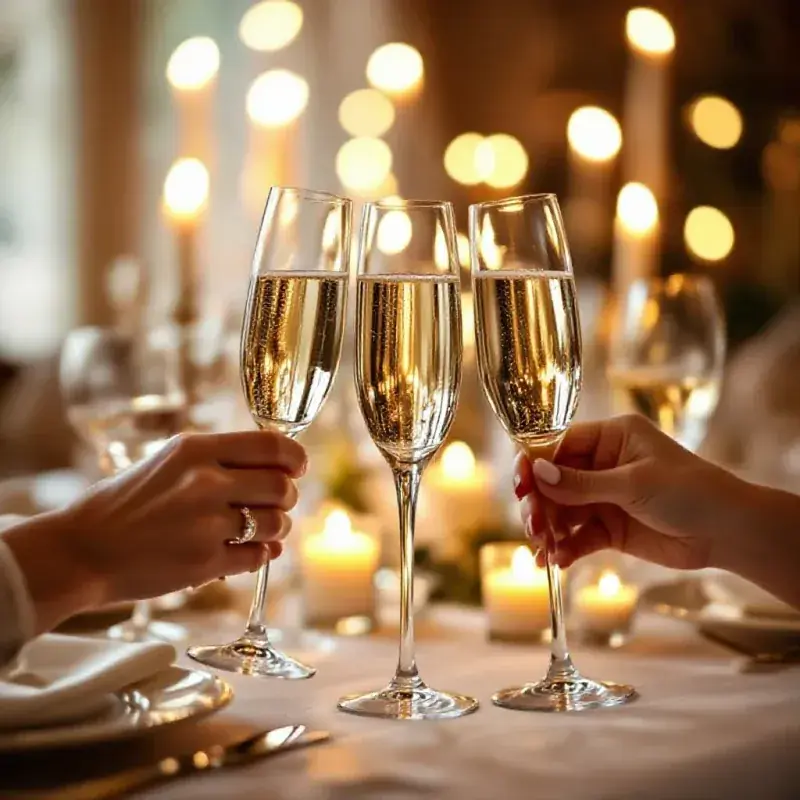 Champagne celebration scene with three crystal flutes raised in a
