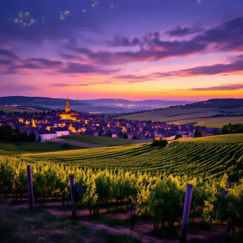 Champagne vineyards at twilight with the town of Epernay visible