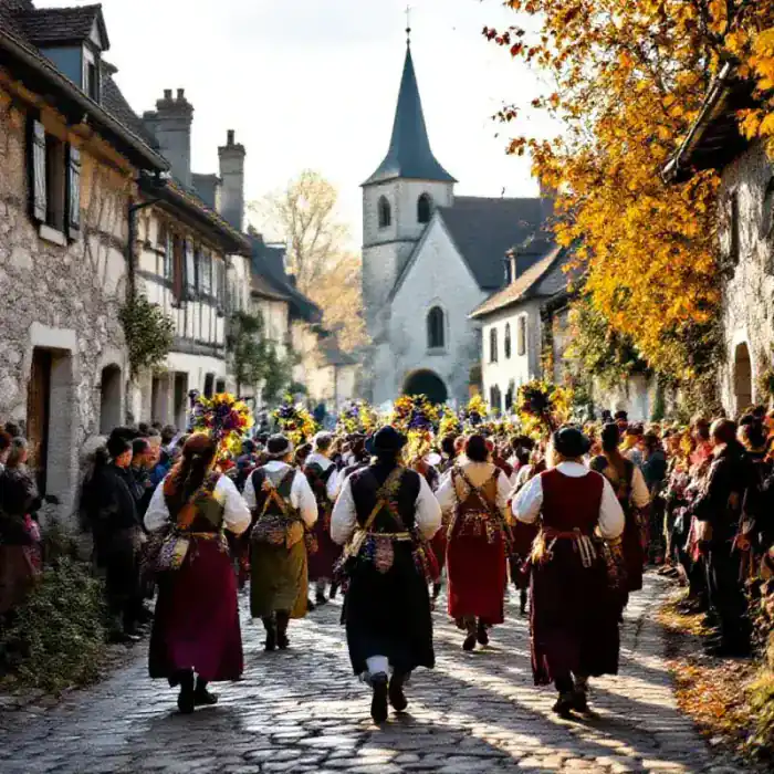 Traditional Saint Vincent Tournante procession scene with villagers carrying grape