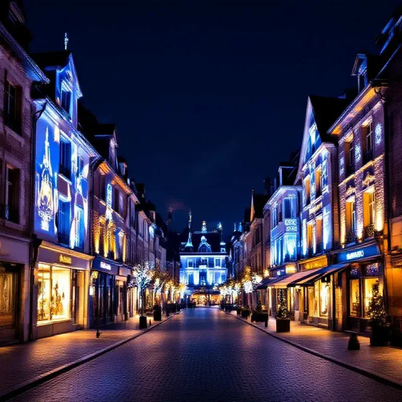 Main avenue of a Champagne town lit up at night