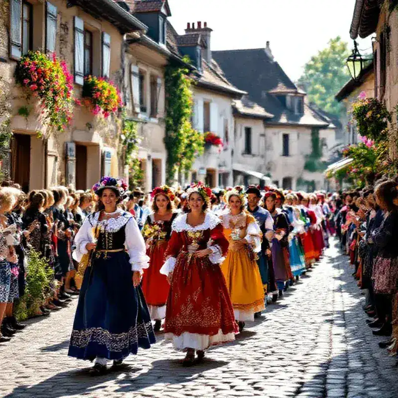 Traditional French village procession with colorful costumes and floral decorations